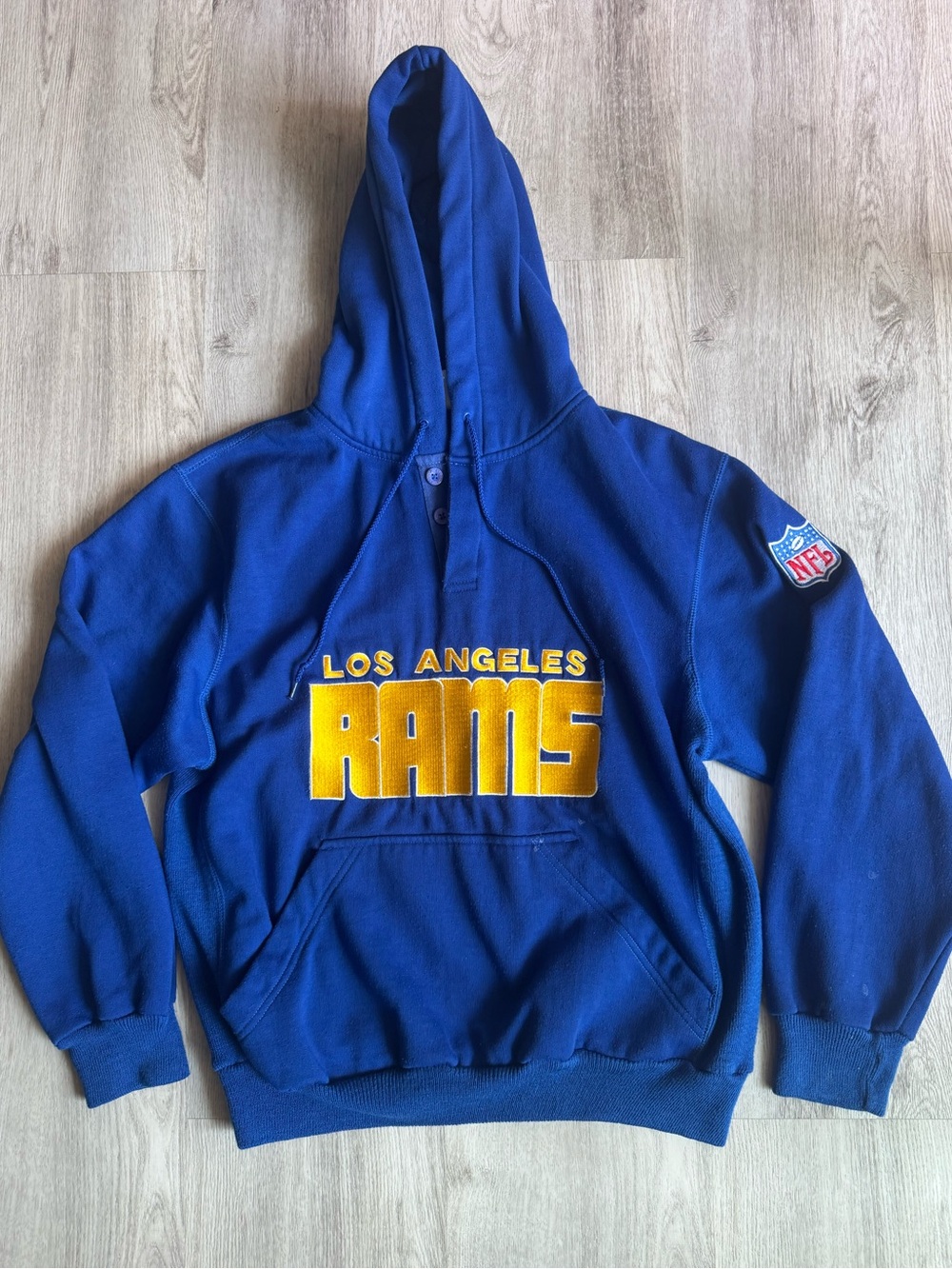 Vintage Los Angeles Rams Blue & Yellow NFL Starter Sweatshirt Hoodie Med FLAWED